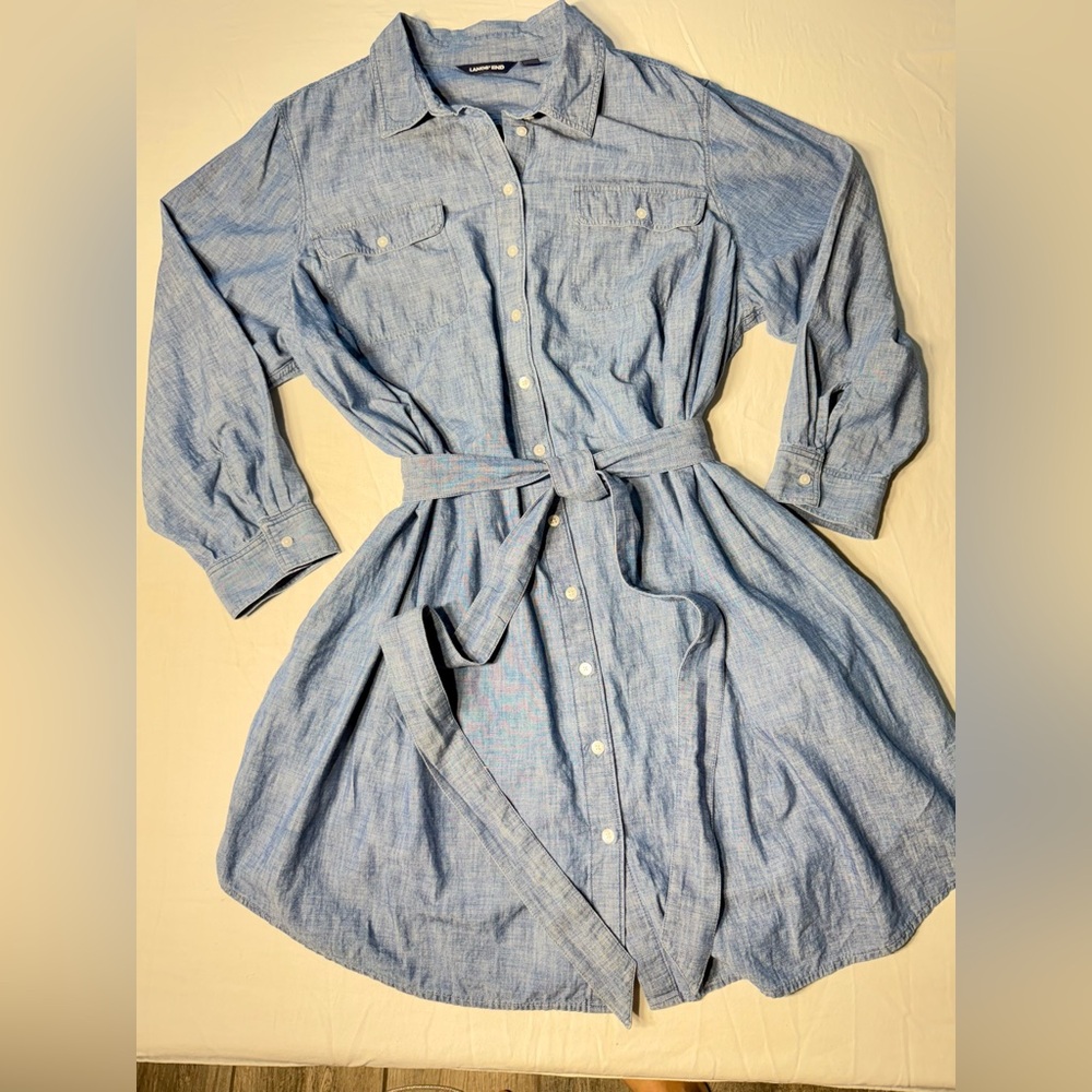 Lands’ End 3X Women Light Blue Denim Button-Up Belted Dress